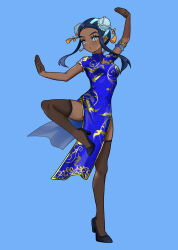  1girl black_gloves black_hair black_thighhighs blue_background blue_dress blue_eyes blue_hair blush breasts bun_cover china_dress chinese_clothes commentary_request dark-skinned_female dark_skin double_bun dress earrings gloves hair_bun jewelry medium_breasts multicolored_hair nessa_(pokemon) pelvic_curtain pokemon pokemon_swsh setta_shu shoes short_hair_with_long_locks sidelocks simple_background solo standing standing_on_one_leg tassel thigh-highs two-tone_hair 