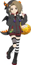  1girl artist_request black_boots black_hood black_hoodie black_horns black_tail black_thighhighs black_wings boots brown_eyes brown_hair candy fake_horns fake_tail fake_wings food fujibayashi_suzu full_body game_cg halloween halloween_bucket halloween_costume highres holding holding_candy holding_food hood hoodie horns long_hair looking_at_viewer official_alternate_costume official_art orange_horns single_thighhigh smile solo tail tales_of_(series) tales_of_asteria tales_of_phantasia thigh-highs third-party_source tongue transparent_background white_thighhighs wings 