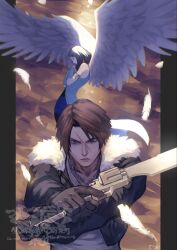  1boy 1girl 5tatsu angel_wings arm_ribbon artist_name bare_shoulders black_gloves black_hair black_jacket black_ribbon black_shirt black_shorts blue_cardigan blue_eyes blue_skirt brown_background brown_hair cardigan chain chain_necklace closed_eyes commentary_request cropped_jacket crossed_arms detached_sleeves falling_feathers feathered_wings feathers fighting_stance final_fantasy final_fantasy_viii fur-trimmed_jacket fur_trim furrowed_brow gloves gunblade hands_on_own_chest highres holding holding_weapon jacket jewelry light_frown long_hair necklace parted_bangs pillarboxed ribbon rinoa_heartilly scar scar_on_face scar_on_forehead shirt short_hair shorts shorts_under_skirt skirt sleeveless sleeveless_shirt squall_leonhart upper_body weapon white_feathers white_shirt white_wings wings 