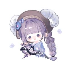  1girl adjusting_hair apron black_dress blue_capelet blue_flower blunt_bangs blunt_ends braid capelet chibi chinese_commentary commentary_request country_lolita cropped_legs curled_horns dress fengmi_youzi_hua floral_print flower frilled_sleeves frills fringe_trim grey_headscarf grey_horns hair_flower hair_intakes hair_ornament happy headscarf highres horns horns_through_headwear infinity_nikki light_blush lolita_fashion long_hair long_sleeves loose_hair_strand low_twin_braids nikki_(series) open_mouth pastoral_dance_(infinity_nikki) print_capelet purple_apron purple_hair simple_background sleeves_past_wrists smile solid_oval_eyes solo translucent_horns twin_braids very_long_hair violet_eyes waist_apron 
