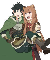  1boy 1girl animal_ear_fluff animal_ears armor belt black_belt black_dress black_hair black_shirt blunt_bangs boots breastplate brown_armor brown_boots brown_gloves brown_hair brown_shirt chain cloak collared_shirt commentary_request cowboy_shot dress elbow_gloves fingerless_gloves full_body fur-trimmed_armor fur-trimmed_boots fur-trimmed_hood fur_trim gloves green_cloak green_pants grey_armor hetero high_collar highres hood hood_down hooded_cloak iwatani_naofumi knee_boots layered_dress layered_shirt leather_armor long_hair messy_hair metal_arm_cuffs metal_wrist_cuffs neck_ribbon nimi_(vjej7357) open_mouth pants pauldrons raccoon_ears raccoon_girl raphtalia red_dress red_eyes red_ribbon reverse_princess_carry ribbon shirt short_hair shoulder_armor simple_background single_pauldron straight_hair sweatdrop tassets tate_no_yuusha_no_nariagari teeth two-tone_dress upper_teeth_only v-shaped_eyebrows white_background white_dress wide_mouth 