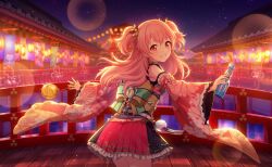  1girl back_bow backlighting blurry bokeh bottle bow bridge colorful_palette depth_of_field detached_sleeves floral_print_sleeves frilled_skirt frills game_cg green_bow grin highres holding holding_bottle momoi_airi natsu_matsuri_narihibiku_oto_wa_(project_sekai) night official_alternate_costume official_art pink_eyes pink_hair pink_skirt project_sekai ramune skirt smile solo sparkle teeth third-party_source two_side_up wide_sleeves yellow_bow 
