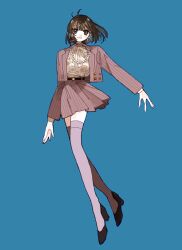  1girl belt black_shoes blue_background brown_eyes brown_hair earrings floral_print_shirt full_body high_heels highres jacket jewelry looking_at_viewer medium_hair necklace original pearl_necklace shirt shoes simple_background skirt solo striped_clothes striped_jacket striped_skirt thigh-highs yasu_urayaka 