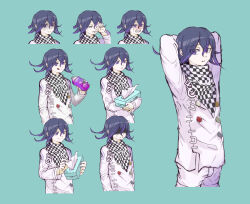  1boy :d aqua_background arm_belt arms_behind_back arms_behind_head belt black_scarf blush bottle box buttons chain checkered_clothes checkered_scarf clenched_teeth closed_mouth commentary_request crying crying_with_eyes_open danganronpa_(series) danganronpa_v3:_killing_harmony delidelidelic dot_nose double-breasted eyes_visible_through_hair faceless faceless_male food frown fruit grapes hair_between_eyes happy highres holding holding_bottle holding_box jacket long_hair_between_eyes long_sleeves looking_at_viewer male_focus monokuma multicolored_buttons multiple_belts multiple_expressions oma_kokichi one_eye_covered pants pout purple_hair sad scarf shaded_face short_hair simple_background smile smug soda soda_bottle streaming_tears teardrop tears teeth thigh_belt thigh_strap tissue tissue_box tongue tongue_out torn_clothes torn_jacket two-tone_scarf variations violet_eyes white_belt white_jacket white_pants white_scarf wiping_tears 