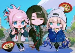  1girl 2boys :d :t ^_^ aqua_eyes black_hair black_jacket black_pants black_pantyhose blonde_hair blue_eyes blue_hair blue_jacket blue_sky blunt_bangs bowl braid chibi chibi_only closed_eyes closed_mouth clouds collared_shirt eating fate/grand_order fate_(series) food gradient_hair green_shirt hair_between_eyes hair_ornament hair_stick holding holding_food holding_weapon jacket jewelry knit_hat knit_sweater long_single_sidelock looking_at_another magatama magatama_necklace miyamoto_musashi_(fate) multicolored_hair multiple_boys mura_karuki necklace noah_(fate) official_art open_mouth outdoors over_shoulder pants pantyhose pink_hair plaid_clothes plate pointing second-party_source shirt single_sidelock sky smile sweater taigong_wang_(fate) weapon weapon_over_shoulder winter_clothes 