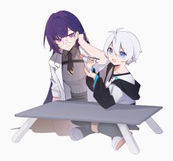  1boy 1girl age_difference aged_down alternate_costume alternate_universe antenna_hair blue_eyes blunt_bangs chinese_commentary chopsticks closed_mouth coat collared_shirt commentary_request couple feeding glasses grey_background hair_between_eyes happy height_difference hetero high_collar highres holding holding_chopsticks honkai_(series) honkai_impact_3rd indian_style intermittent-reset kevin_kaslana lab_coat light_smile looking_down looking_to_the_side looking_up mei_(honkai_impact) necktie off_shoulder onee-shota open_clothes open_coat open_mouth pants pedophile purple_hair shade shirt shota simple_background sitting skirt smile table violet_eyes white_hair 