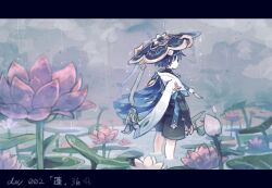  1boy arm_at_side armor belt black_belt black_bodysuit black_border black_eyes black_hair black_shorts blue_cape blue_hat blue_sleeves blunt_ends bodysuit border bridal_gauntlets bud cape choppy_bangs closed_mouth commentary_request flower from_behind furisode genshin_impact gold gold_ring grey_bridal_gauntlets gurumin_(gurruguru) hat holding holding_plant japanese_armor japanese_clothes jingasa kimono kote kurokote layered_sleeves letterboxed lily_(flower) lily_pad looking_back male_focus mandala mandarin_collar middle_ring outdoors overcast pink_flower plant pond purple_sash rain sash scaramouche_(genshin_impact) short_sleeves shorts sky solo standing translation_request wading wanderer_(genshin_impact) watermark white_flower white_kimono white_sleeves white_trim 