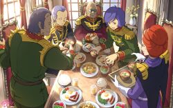  1girl 4boys arms_on_table bald black_capelet black_eyes black_jacket blush bowl breakfast brown_eyes brown_hair capelet chair cherry_tomato closed_eyes closed_mouth commentary_request cross_scar cup dated degwin_sodo_zabi dozle_zabi drinking_glass epaulettes flower food fried_egg fruit garma_zabi gihren_zabi glasses gloves green_jacket grin gundam highres holding holding_bowl holding_tray indoors jacket juice kiwi_(fruit) kiwi_slice kycilia_zabi long_sleeves military_jacket military_uniform miso_soup mobile_suit_gundam_the_origin mosuke_2 multiple_boys old old_man on_chair open_mouth orange_juice plate purple_hair purple_jacket red_jacket rice salad sausage scar scar_on_face scrambled_egg short_hair shoulder_spikes sideways_mouth sitting smile spikes strawberry tea tomato tray vase very_short_hair white_flower white_gloves yunomi zeon 