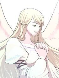  1girl angel_wings aonagimay blonde_hair dress feathered_wings fire_emblem fire_emblem:_path_of_radiance fire_emblem:_radiant_dawn green_eyes highres leanne_(fire_emblem) long_hair open_mouth solo white_dress white_wings wings 