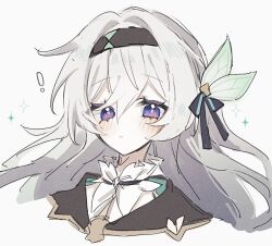  ! 1girl black_hairband blue_ribbon blush brown_jacket closed_mouth collared_shirt commentary_request firefly_(honkai:_star_rail) gradient_eyes gradient_hair green_pupils grey_hair hair_between_eyes hair_intakes hair_ornament hair_ribbon hairband honkai:_star_rail honkai_(series) hyb_muyuu jacket long_hair multicolored_eyes multicolored_hair ribbon shirt simple_background solo sparkle upper_body white_background white_shirt 