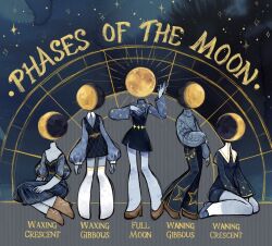  1girl boots collared_shirt crescent_moon denim dress english_text feefal full_body full_moon jeans long_sleeves moon multiple_views object_head original pants personification shirt shoes sweater thigh-highs turtleneck turtleneck_sweater 