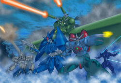  arm_mounted_weapon armor bb-5 black_armor blue_armor cannon caterpillar_tracks dust_cloud energy_beam firing fog getter_go getter_robo getter_robo_go green_armor gun gustav_h-24 holding holding_gun holding_weapon mecha mecha_focus multicolored_armor muzzle_flash outdoors outstretched_arm robosoon_t520 robot shoulder_cannon smoke stelber weapon x_arms yonecchi 