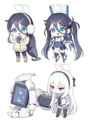  :< :d absurdres aqua_halo aris_(armed)_(blue_archive) aris_(blue_archive) aris_(winter)_(blue_archive) black_gloves black_hair black_hairband black_pantyhose black_thighhighs blue_archive blue_eyes blue_necktie blush boots brown_coat brown_mittens chibi chibi_only coat commentary double-parted_bangs earmuffs fur-trimmed_boots fur-trimmed_sleeves fur_trim gloves hair_between_eyes hairband halo headgear highres jacket kei_(amas)_(blue_archive) kei_(blue_archive) kei_(new_body)_(blue_archive) leotard long_hair long_hair_between_eyes long_sleeves mecha_musume mechanical_legs mechanical_wings mittens multicolored_jacket multicolored_leotard multiple_girls necktie non-humanoid_robot official_alternate_costume open_mouth pantyhose pink_eyes pink_halo plaid_clothes plaid_scarf rectangular_halo ringed_eyes robot scarf screen shirt showgirl_skirt simple_background smile supersugar thigh-highs thrusters twintails two-tone_jacket untranslatable_commentary variations very_long_hair wheel white_background white_hair white_jacket white_leotard white_shirt wings winter_clothes winter_coat 