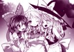  3girls alcohol ascot bottle bow braid coca-cola detached_sleeves hair_bow hair_tubes hakurei_reimu hat izayoi_sakuya kirisame_marisa kuresento long_hair maid maid_headdress monochrome multiple_girls one_eye_closed open_mouth ribbon sake sake_bottle short_hair smile touhou twin_braids witch_hat 