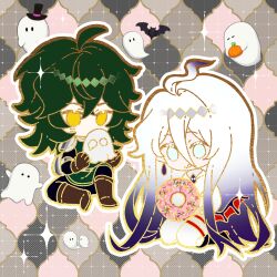  2boys :q absurdly_long_hair ahoge androgynous animal bat_(animal) belt black_boots black_hat black_pants black_shirt black_wings blue_eyes boots brown_background brown_boots brown_gloves cheek_tattoo chinese_commentary closed_mouth commentary commentary_request crossed_bangs demon_wings double-parted_bangs doughnut earrings food full_body gatling_pea_(plants_vs._zombies) ghost gloves gradient_hair green_hair green_shirt hair_between_eyes hands_up hat highres holding holding_donut holding_food holding_ghost huge_ahoge jewelry knee_boots knee_up kneeling long_hair long_hair_between_eyes long_sidelocks male_focus medium_hair multicolored_hair multiple_boys no_pupils no_sclera outline pants patterned_background personification pink_background plants_vs._zombies plants_vs._zombies_2 purple_hair red_wings shadow_peashooter_(plants_vs._zombies) shirt sidelocks siiiiiiiiiii simple_background single_wing sitting sleeveless sleeveless_shirt sparkle sparkle_background sprinkles tareme tattoo teardrop_earrings tongue tongue_out top_hat trap two-tone_hair two-tone_wings very_long_hair white_belt white_hair white_outline white_pants white_shirt wings yellow_eyes 