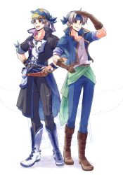  2boys arm_ribbon ayana_(iqaw5cfohvdtver) black_gloves black_jacket black_pants blue_headband blue_jacket blue_pants blue_ribbon blue_sailor_collar boots brown_boots brown_eyes brown_gloves closed_mouth commentary_request dagger earrings final_fantasy final_fantasy_vi gloves green_sash grey_hair hand_on_own_hip headband headscarf highres jacket jewelry knife locke_cole male_focus multiple_boys necklace open_mouth pants parted_lips print_shirt ribbon sailor_collar sash shading_eyes shirt short_hair single_glove smile waist_sash weapon white_background white_boots white_shirt wrist_ribbon 