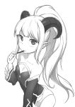  1girl bare_shoulders blush cleavage_cutout collarbone demon_girl detached_sleeves eating highres horns long_hair looking_at_viewer monochrome odibil pocky pointy_ears ponytail small_breasts solo 