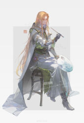  1boy absurdres arm_guards belt black_belt black_boots black_gloves blonde_hair boots brooch chinese_commentary cloak closed_mouth collared_shirt commentary_request commission curtained_hair dreamcatcher ear_chain earrings elf frilled_sleeves frills full_body gem gloves green_eyes green_gem green_ribbon grey_background hand_jewel hand_up highres holding holding_paint_palette holding_paintbrush hood hood_down hooded_cloak jewelry linked_piercing long_hair looking_ahead male_focus mole mole_under_eye multiple_moles neck_ribbon original paint_palette paintbrush painting_(action) parted_bangs pendant piercing pointy_ears purple_gem ribbon ring robe seal_impression shirt simple_background single_glove sitting sleeve_garter smile solo stool tassel three-quarter_sleeves two-sided_fabric two-tone_background very_long_hair wallet_chain watermark weibo_watermark white_background white_cloak white_robe white_shirt zhi_senliang 