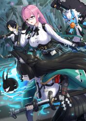  1boy 3girls absurdres adjusting_eyewear animal_ear_fluff animal_ears aqua_jacket asaba_harumasa black_gloves black_necktie black_skirt blue_horns blue_oni blue_skin blunt_bangs bow_(weapon) breasts closed_eyes collared_shirt colored_skin commentary_request earrings eating fingerless_gloves fox_ears fox_girl gauntlets geumsu_(geumsu5) glasses gloves hair_between_horns headband high-waist_skirt highres holding holding_bow_(weapon) holding_sword holding_weapon horns hoshimi_miyabi hourglass_earrings jacket jewelry katana korean_commentary large_breasts long_hair multicolored_horns multiple_girls naginata necktie oni pencil_skirt pink_eyes pink_hair pointy_ears polearm shirt single_fingerless_glove single_gauntlet skirt soukaku_(zenless_zone_zero) sword tailless_(zenless_zone_zero) tsukishiro_yanagi two-tone_horns weapon yellow_headband zenless_zone_zero 