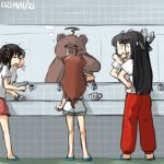  3girls ahoge alternate_costume bear black_hair brown_hair brushing_teeth checkered_wall closed_eyes cup dated different_reflection hair_ornament hair_ribbon hamu_koutarou hand_on_hip hiyou_(kantai_collection) kantai_collection kuma_(kantai_collection) long_hair messy_hair mirror multiple_girls pants reflection ribbon sandals sendai_(kantai_collection) shorts side_ponytail toothbrush 