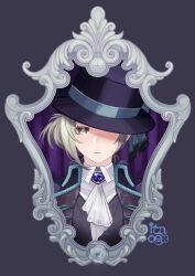  1girl absurdres ascot black_coat black_hat black_vest boater_hat bow coat collared_shirt grey_background grey_eyes grey_hair hair_bun hat hat_bow hat_over_one_eye highres itaogo looking_at_viewer one_eye_covered picture_frame pocket_watch portrait reverse:1999 shirt short_hair single_side_bun solo straight-on vertin_(reverse:1999) vest waistcoat watch white_ascot white_shirt 