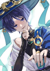  1boy absurdres anemo_symbol_(genshin_impact) armor armpit_crease black_bodysuit black_bow black_bridal_gauntlets blue_cape blue_gem blue_hat blue_kimono blue_pupils blue_sleeves blunt_ends bodysuit bow bridal_gauntlets cape choppy_bangs clenched_hand commentary_request dutch_angle eyeliner fingernails gem genshin_impact gold gold_ring hand_on_own_chin hands_up hat highres iwoarazumi129 japanese_armor japanese_clothes jingasa juban kimono kote kurokote layered_sleeves looking_at_viewer lower_teeth_only makeup male_focus middle_ring open_clothes open_hand open_kimono open_mouth parted_bangs pom_pom_(clothes) purple_hair purple_sash raised_eyebrows red_eyeliner sash scaramouche_(genshin_impact) short_sleeves single_bare_shoulder single_off_shoulder smug solo teeth tongue tsurime violet_eyes wanderer_(genshin_impact) white_background white_kimono white_sleeves 