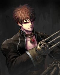  1boy brown_eyes brown_hair clawed_gauntlets commentary_request gloves highres jewelry lips long_sleeves looking_at_viewer male_focus necklace nobutaka_hanya shadow_hearts short_hair smile solo weapon yuri_hyuga 