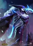  1girl armor braid breasts cleavage covered_eyes glowing_hands grey_skin helmet helmet_over_eyes horned_helmet ice kajinman large_breasts league_of_legends lipstick lissandra long_hair makeup pauldrons purple_lipstick silver_hair single_braid slender_waist smile solo very_long_hair 