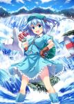  &gt;:d 1girl :d backpack bag blue_eyes blue_hair blue_sky brown_gloves clouds gloves hair_bobbles hair_ornament hand_on_hip hat kawashiro_nitori key mechanical_arms open_mouth pointing pointing_at_viewer puffy_short_sleeves puffy_sleeves sen_kagura shirt short_sleeves skirt skirt_set sky smile solo thighs touhou twintails water waterfall 