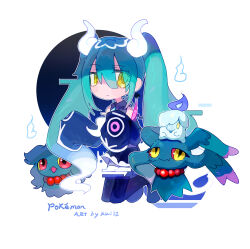  1girl absurdres chinese_commentary commentary expressionless eyelashes floating flutter_mane full_body ghost_miku_(project_voltage) ghost_pose hatsune_miku highres hitodama_hair_ornament kui_kui_jiang litwick long_hair looking_at_viewer misdreavus pokemon pokemon_(creature) sleeves_past_fingers sleeves_past_wrists yellow_eyes 