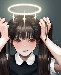  1girl :/ artist_name black_hair black_sweater_vest commentary grey_background grey_eyes halo hashtag-only_commentary highres holding holding_own_hair mimitanu25 original portrait shirt signature solo sweater_vest white_shirt 