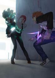  1girl 2boys antonio_malara battle black_necktie black_pants boku_no_hero_academia braid braided_ponytail business_suit chainsaw_man commission crossover emiya_shirou fate/stay_night fate_(series) formal_clothes highres jacket makima_(chainsaw_man) midoriya_izuku multiple_boys necktie pants red_hair rule_breaker_(fate) shirt_tucked_in suit superhero_costume 