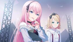  25-ji_luka 25-ji_rin 2girls aqua_eyes black_bow black_choker black_hairband black_ribbon blonde_hair blue_eyes blue_nails blurry blurry_background bow bow_hairband center_frills choker closed_mouth collarbone collared_shirt colorful_palette cropped_torso depth_of_field dot_nose dress expressionless fingernails frilled_shirt frilled_sleeves frills game_cg grey_dress hairband hand_on_own_arm hand_on_own_chin hand_up highres jitome kagamine_rin long_hair looking_at_another looking_to_the_side megurine_luka multiple_girls nail_polish off-shoulder_shirt off_shoulder official_art open_mouth pink_hair project_sekai red_suspenders ribbon shirt short_hair strapless strapless_dress suspenders third-party_source tomoni_true_route_wo_mezashite_(project_sekai) triangle truss unamused upper_body vocaloid white_ribbon white_shirt 