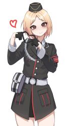1girl absurdres aiguillette armband belt black_gloves black_jacket black_necktie black_skirt blonde_hair breasts brown_eyes commission garrison_cap girls_frontline gloves hakimen hands_up hat head_tilt heart heart_hands highres jacket looking_at_viewer medium_breasts medium_hair mp40_(girls'_frontline) necktie pouch red_armband shirt skirt smile transparent_background white_shirt