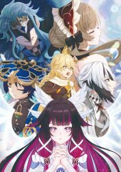  3boys 3girls absurdres aether_(genshin_impact) ahoge anemo_symbol_(genshin_impact) angel_wings aqua_hair arlecchino_(genshin_impact) arm_ribbon ascot bare_shoulders black_bodysuit black_bonnet black_bow black_choker black_eyes black_gloves black_hair black_mask blonde_hair blue_ascot blue_cape blue_gem blue_hat blue_kimono blunt_bangs blunt_ends bodysuit bonnet bow bowtie braid bright_pupils brown_hair bun_with_braided_base cape center-flap_bangs choker choppy_bangs closed_eyes closed_mouth coat collarbone colored_inner_hair columbina_(genshin_impact) covered_collarbone cowlick dottore_(genshin_impact) dress eye_mask eyelashes eyeliner facing_down facing_to_the_side facing_viewer falling_feathers feathered_wings feathers gem genshin_impact gloves gold gold_trim hair_bow hair_bun hair_intakes hair_ornament hair_ribbon hair_tubes hands_up hashtag-only_commentary hat head_wings highres japanese_clothes jingasa juban kimono lens_flare long_hair long_sidelocks looking_at_viewer looking_to_the_side looking_up low-braided_long_hair low-tied_long_hair makeup mandala mask multicolored_hair multiple_boys multiple_girls multiple_wings o-ring o-ring_choker open_clothes open_kimono open_mouth orange_gem own_hands_clasped own_hands_together parted_lips pink_hair popped_collar red_eyeliner red_lips red_pupils ribbon sandrone_(genshin_impact) scaramouche_(genshin_impact) scarf short_hair short_hair_with_long_locks shoulder_blades shoulder_peek sidelocks sideways_mouth single_hair_bun split_mouth streaked_hair symbol-shaped_pupils syringe_earrings takane_pato teeth tongue tress_ribbon turtleneck turtleneck_bodysuit upper_teeth_only vambraces vision_(genshin_impact) wanderer_(genshin_impact) watermark white_bow white_bowtie white_coat white_dress white_hair white_kimono white_mouth white_pupils white_ribbon white_scarf white_wings wing_hair_ornament wings wrist_bow x-shaped_pupils yellow_bow yellow_eyes 