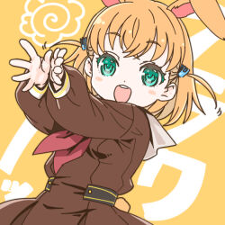  1girl :d animal_ears brown_dress catchphrase commentary_request dress flower_hands green_eyes hair_ornament hanamaru hasu_no_sora_school_uniform hinoshita_kaho kemonomimi_mode link!_like!_love_live! long_sleeves looking_at_viewer love_live! neckerchief open_mouth orange_hair pleated_dress rabbit_ears rabbit_girl rabbit_hair_ornament rabbit_tail red_neckerchief sailor_collar sailor_dress school_uniform shinanoya_(satanicad) smile solo tail tail_through_clothes text_background two_side_up virtual_youtuber white_sailor_collar winter_uniform yellow_background 