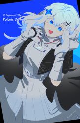  1girl artist_name blue_eyes commentary dress floating_hair gloves highres looking_at_viewer open_mouth original smile solo spacecraft spacex wheel_stop white_hair 