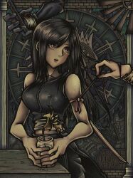  1boy 2girls absurdres aechin0130 aerith_gainsborough apron arm_ribbon bare_shoulders black_apron black_coat black_gloves black_hair black_shorts black_vest breasts brick_wall brown_eyes coat cowboy_shot cropped_vest final_fantasy final_fantasy_vii final_fantasy_vii:_advent_children flower gloves hair_between_eyes hand_in_another's_hair highres holding holding_jar holding_sword holding_weapon jar lily_(flower) long_hair masamune_(ff7) medium_breasts midriff multiple_girls parted_lips pillar pink_ribbon ribbon sephiroth shirt shorts silver_bangle straight_hair sword tifa_lockhart undershirt vest waist_apron weapon white_shirt windmill yellow_flower 