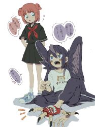  1boy 1girl animal_feet aqua_eyes bird_legs bird_wings black_hair black_serafuku black_wings claws commentary_request double_bun feathered_wings fingernails grey_eyes hair_bun hand_on_own_hip harpy_boy highres korisumochi looking_at_another monster_boy original pink_hair school_uniform serafuku sharp_fingernails shoes short_hair simple_background sitting skirt sneakers talons teardrop torn_shoes translation_request white_background wings 