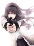  1girl akemi_homura artist_name black_hair blood blood_on_face clenched_teeth grimace gun hairband long_hair looking_at_viewer magical_girl mahou_shoujo_madoka_magica pantyhose simple_background solo tagme violet_eyes weapon white_background 