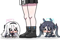  3girls all_fours aris_(armed)_(blue_archive) aris_(blue_archive) black_hairband black_shoes black_skirt blush chibi crying grey_hair hairband halo headgear highres kei_(blue_archive) kei_(new_body)_(blue_archive) meme miniskirt multiple_girls open_mouth pleated_skirt rectangular_halo shoes simple_background skirt speakiposting_(meme) trickcal twintails white_background white_hair yuuka_(blue_archive) zeroku77 