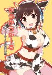  1girl animal_ears bell bell_collar breasts brown_eyes collar cow_ears cow_horns cow_print elbow_gloves gloves headset highres horns idolmaster idolmaster_cinderella_girls navel oikawa_shizuku open_mouth short_hair solo 