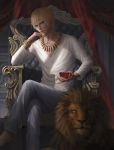  1boy blonde_hair chair cup fate/zero fate_(series) gilgamesh jewelry kuda_(1713261460) lion necklace realistic red_eyes solo wine_glass 
