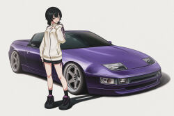  1girl absurdres black_hair black_shoes black_socks bokuya car commentary_request highres jacket long_sleeves looking_at_viewer motor_vehicle nissan nissan_300zx nissan_300zx_(z32) nissan_fairlady_z original purple_car shoes simple_background sneakers socks solo sports_car standing track_jacket vehicle_focus white_background white_jacket 
