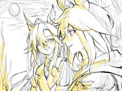  2girls 927ming animal_ears blush commentary_request dream_journey_(umamusume) eyewear_strap glasses hair_between_eyes hair_over_one_eye hatching_(texture) highres horse_ears horse_girl korean_commentary lapels linear_hatching long_hair looking_ahead looking_at_another multiple_girls sketch smile stay_gold_(umamusume) twitter_username umamusume unfinished upper_body watermark yellow_theme 
