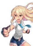  1girl blonde_hair denim denim_shorts fingerless_gloves gloves highres long_hair odibil punching red_eyes shorts solo 