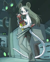  1girl animal_ears artist_name belt black_cat black_eyes black_skirt bow bright_pupils brown_hair cat ceiling crying crying_with_eyes_open english_commentary flying_teardrops glasses glowing glowing_eyes green_eyes highres holding kurohanenone matches miniskirt mouse_ears mouse_girl mouse_tail multiple_cats no_shoes office_lady open_mouth original pantyhose pepper_spray safety_pin scared shirt skirt tail tears tile_ceiling tiles walking white_pupils white_shirt 