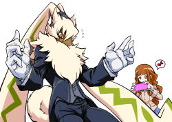  1boy 1girl black_coat body_fur brown_hair cellphone coat commentary_request cowboy_shot digimon digimon_(creature) floppy_ears flying_sweatdrops furry furry_male gloves grey_vest highres holding holding_phone long_hair neck_fur number178 orange_eyes phone rabbit_boy recording school_uniform second-party_source simple_background smartphone symbareangoramon tail tied_ears tsukiyono_ruli vest white_background white_gloves yellow_fur 