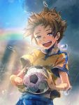  1boy aofujiake ball blue_eyes brown_hair inazuma_eleven_(series) inazuma_eleven_go lightning_bolt male matsukaze_tenma open_mouth raimon raimon_soccer_uniform rain rainbow short_hair soccer_ball soccer_uniform solo sportswear telstar 