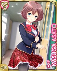  1girl :o asato_kasuga black_pantyhose blue_eyes bow bowtie braid breasts brown_hair bun_with_braided_base card_(medium) character_name girlfriend_(kari) hair_bun hallway jacket large_breasts looking_at_viewer official_art pantyhose plaid_clothes plaid_skirt pleated_skirt qp:flapper red_bow red_bowtie red_skirt school_uniform shirt skirt sliding_doors solo standing thighs white_shirt 